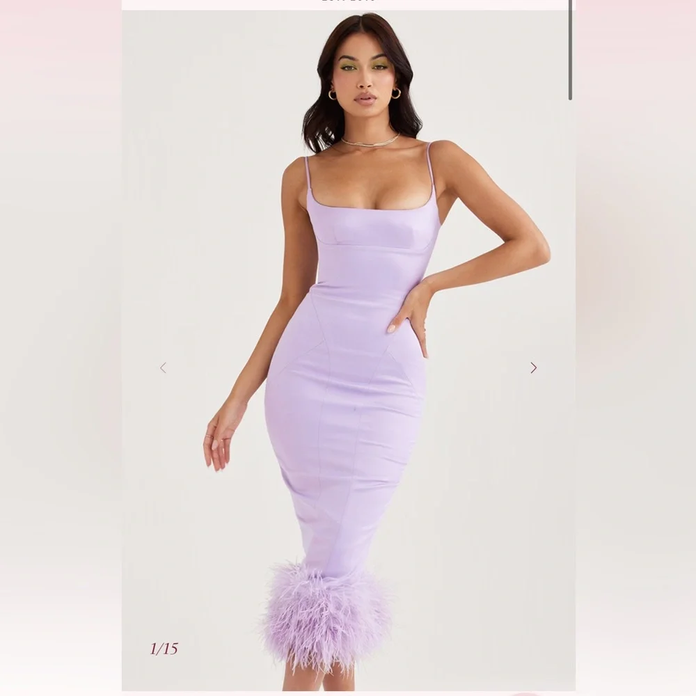 House of CB Helena Orchid Midi Feather Trim Dress - NWT - L+ - Picture 2 of 4